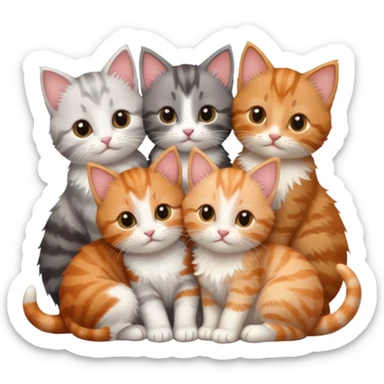 6 tiny kittens cuddling together all different colours, the first one is grey and white, the second is ginger and white and the third is brown tabby and white sticker