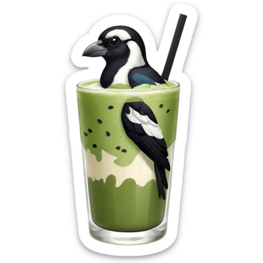  ONE Australien Magpie (just black and white feathers) sitting on an iced matcha latte on the edge of the glass. magpie has green matcha on its beak. matxha latte is in a see through glass and white from the oat milk on the bottom and green without seeds on top… one straw & ice cubes sticker