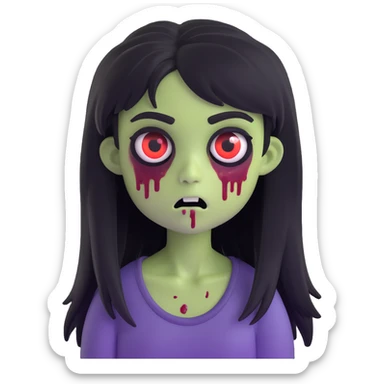 memoji style, girl zombie, long black shaggy emo hair, dark, spooky, creepy expression sticker