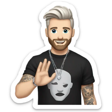 Younger white male with dark brown hair with grey highlights, a beard, and tattoos. He is wearing a diamond coated white gold necklace and a black punk band t-shirt while waving hello sticker
