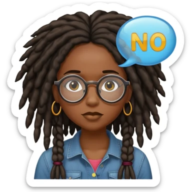 darker skin female with dark dreadlock hair wearing large round glasses with a word bubble that says no sticker