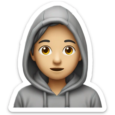 Une personne avec un sweat à capuche gris,  inquiets, exprimant tristesse ou regret. sticker