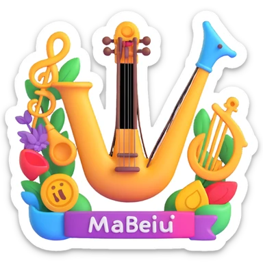 A 3D emoji with a lyre as the focal point, surrounded by lively, colorful shapes and diverse artistic icons, featuring the text "МБУ центр досуга", in the style of Microsoft's 3D Fluent Emojis. sticker