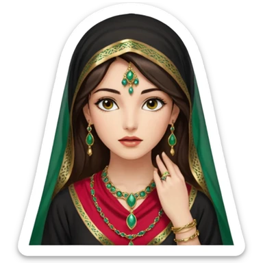 Mujer joven, morena, de gran belleza y porte misterioso.
 mirada intensa y fija; labios marcados.
 Negro, largo, suele ir cubierto parcialmente por un velo
 Ropa de inspiración árabe: túnica colorida (rojo, dorado, verde esmeralda), con detalles dorados o lentejuelas; brazaletes y pendientes. sticker