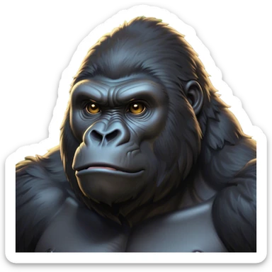 Cinematic Noble Gorilla Portrait Emoji, Poised and commanding, with a massive, muscular build cloaked in dense, rich fur and deep, soulful eyes, Simplified yet sharp and sophisticated features, highly detailed, glowing with a soft, dignified jungle glow, high shine, intelligent and formidable, stylized with an air of primate majesty, focused and authoritative, soft glowing outline, capturing the essence of a watchful guardian that feels as though it could step out of the screen with effortless authority! sticker