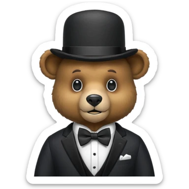 Un animatronico que es un oso con gorro elegante y moño negro sticker