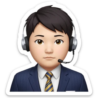 full kind of chubby face, very asian, short dark hair styled upward with a spiked swoop in front, a clean-shaven face, focused eyes, and a slim headset over one ear, wearing a dark pinstripe suit with a patterned dress shirt and a bright solid-colored tie visible from the chest up. sticker