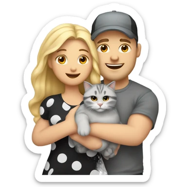 3 objects - a beautiful blonde with long hair and a polka-dotted dress, a bald handsome man in a cap and a rock T-shirt, and a fat gray cat with black spots. The man hugs the blonde and holds the cat in his hands.  sticker