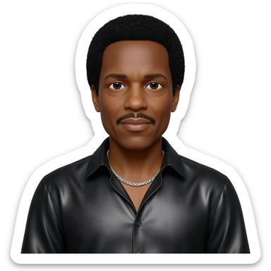 Ike Turner with black hair, black metallic shirt, silver necklace sticker