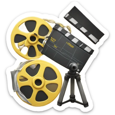 A black and yellow film reel, clapperboard, and movie camera. sticker