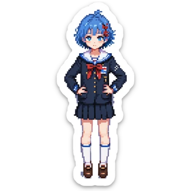 Pixel art anime girl with short bright blue hair wearing Japanese sailor style school uniform, standing with hand on hip but shyly glancing down with a small blush, small timid wave, very shy sticker