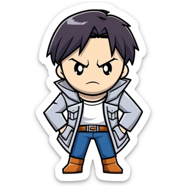 Levi Ackerman from Attack on Titan, with serious expression, wielding ODM gear sticker