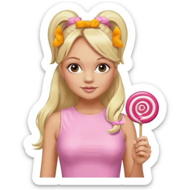 Emma Bunton with long blonde ponytails wearing light pink bodycon dress holding a lollipop sticker