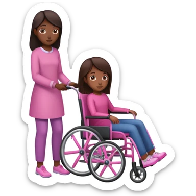One dark brown sister pushing her brown sister in a pink wheelchair sticker