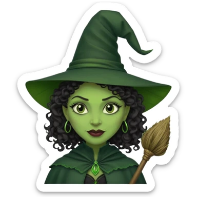 elphaba wicked witch with broom close up, evil dark curly hair, green skin, thick lips, cheekbones, smirk evil menacing cythia erivo sticker