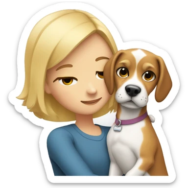 Girl with blonde hair hugging a bicolor beagle sticker