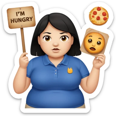 Una señora gorda con cabello negro y p olo corto con un letrero de tengo hambre sticker