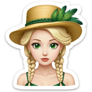 lady with Pale complexion, sharp features, high cheekbones, Blonde hair, usually styled in braided updo, green eyes accessorized with a feathered hat sticker