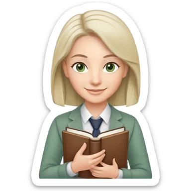 smiling English teacher with airtouch hair and grey-green eyes holding books and teaching materials sticker