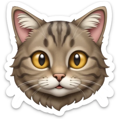 cinematic-[grey brown tabby cat]-realistic-emoji,-tail-curled-playfully-around-its-paws,-head-tilted-dramatically,-scruffy-[grey]-fur,-simplified-yet-realistic-focused-features,-highly-detailed,-glowing-with-an-almost-sarcastic-glow sticker