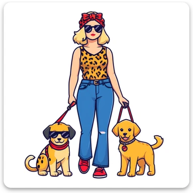 stylish woman in leopard print sleeveless top, flared jeans, sunglasses, black bag, squatting next to happy golden retriever with red bandana and blue leash, urban brick wall background, side angle sticker