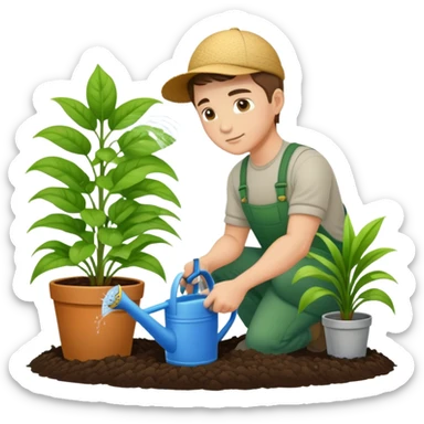 hardworking young white male gardener watering plants sticker