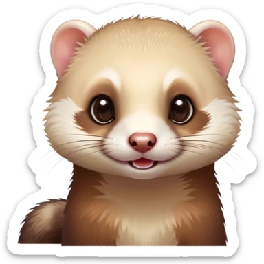 Cinematic Cute Ferret Portrait Emoji, Head tilted playfully, with an elongated, flexible body and a characteristically curious expression, featuring a short, pointed snout, bright, sparkling eyes, and soft fur in warm brown and cream tones, Simplified yet irresistibly adorable features, highly detailed, glowing with a warm, friendly glow, high shine, affectionate and lively, stylized with a touch of whimsical mischief, soft glowing outline, capturing the essence of a fun-loving and mischievous ferret that feels like it could scamper straight into your heart! sticker