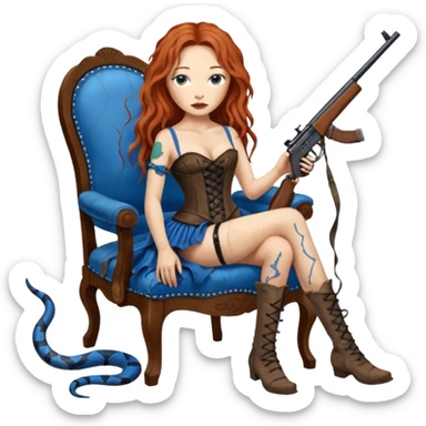 realistic cinematic Tori Amos sits on a rocking chair in a torn corset, holding an antique rifle and her bare feet are muddy. A blue snake is wrapped around the chair. sticker