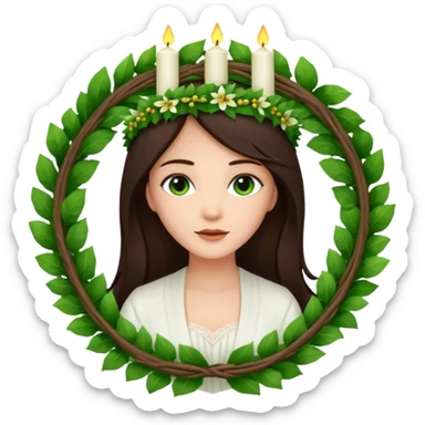  saint lucia with dark brown hair with a white gown and a wreath made from greenery with candles on top of the wreath sticker