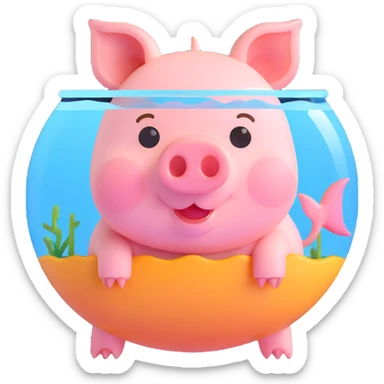 cute little pig inside a fish tank, fresh and adorable, focus on pig and fish tank, suitable for emoji sticker