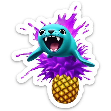 teal seal jumping exploding out of big purple pineapple sticker