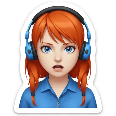 A woman with dark orange hair and bangs, blue eyes, an asmr streamer, angry, sticker