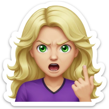 lady with long wavy blonde hair, purple top, green eyes, shouting and looking very angry sticker