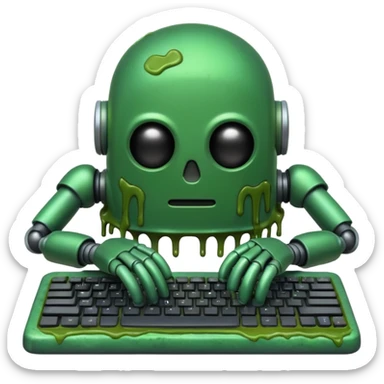 An emoji of a green robot melting away covered in thick green sludge sad and depressed, crawling out of a keyboard.  sticker