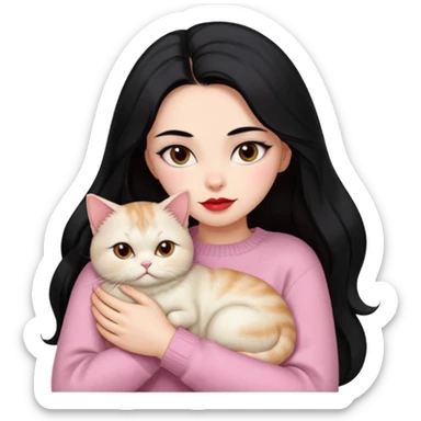 Beautiful Girl Long Hair black, Brows Big , Skin White, Sweater Pale Pink , Big Red Lips, Eyes marron , Hug Little baby Persa Cream Cat With Cute Eyes sticker