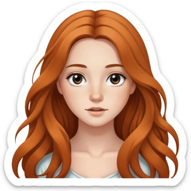 young woman with flowing long hair, dark black eyes, natural makeup, and cute freckles sticker