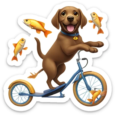 A brown Labrador riding a unicycle whilst juggling fish sticker