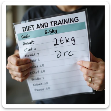 close-up of a diet and training chart with 'Goal: -5kg' highlighted, but the 'Result' column remains zero, man's hands gripping the chart with disappointment, 4K details sticker