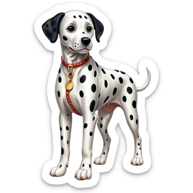 Cinematic Realistic full-body portrait of a Dalmatian dog, rendered with glossy, meticulously detailed spotted fur and expressive, alert eyes, set against a clean, neutral backdrop that highlights its regal and athletic stance. sticker
