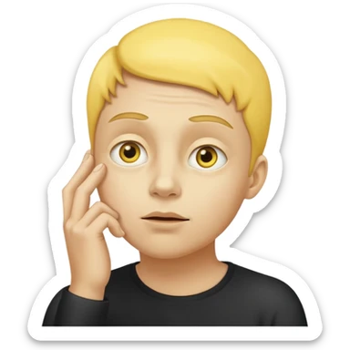 person tipping hand emoji, yellow face, eyes looking up, hand on chin, thinking expression sticker