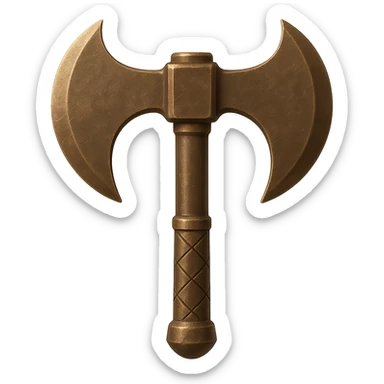 Transform the bronze axe into a double-bladed battleaxe with a more vertical and symmetrical orientation. Maintain a realistic metallic and worn bronze style. The original style is emoji style, but since emoji style does not support editing, use a general style editor to preserve the emoji look. Transparent background. sticker