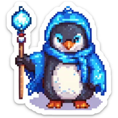 pixel art penguin wizard with a blue robe and sparkling wand sticker