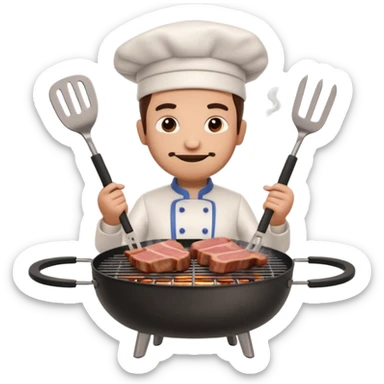 A 3D cartoon cook flipping meat on a grill with tongs, gentle smoke effect, Memoji-style lighting. sticker