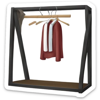 Design an emoji-style icon of an open wardrobe with clothes hanging inside. Include details like a wooden frame, hangers, and black clothing items such as shirts or any other clothing . Use a clean and minimalistic design. sticker