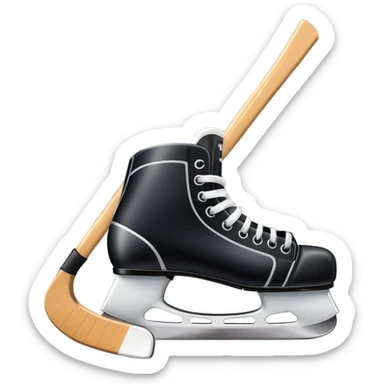 Please, make An icon featuring close-up shots of key hockey equipment: a hockey stick, puck, and skates. The background shows a packed stadium with cheering fans, bright arena lights, and an icy rink. Transparent background highlights the essentials of the game and the thrill of the sport. sticker