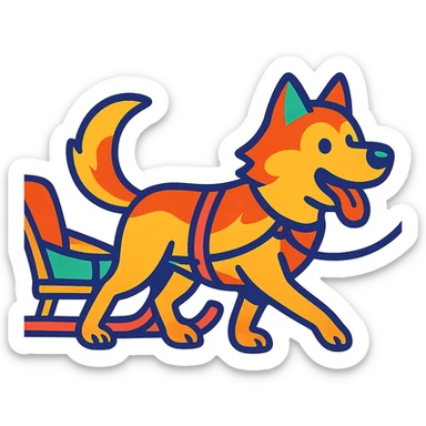 a dog attached to a sled by a rope, pulling, colorful cartoon style sticker