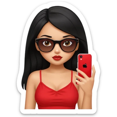 generate a pretty bratz girl with black hair, black sunglasses and a phone, red cami top sticker
