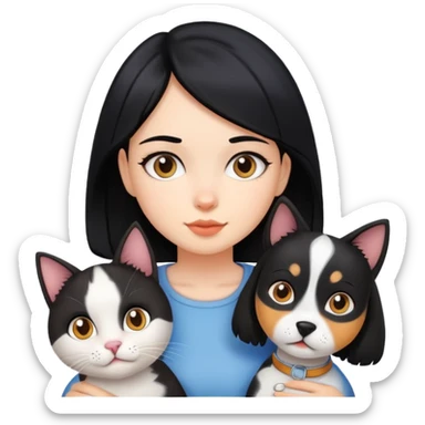 Menina de cabelo preto com um gato e um cachorro  sticker