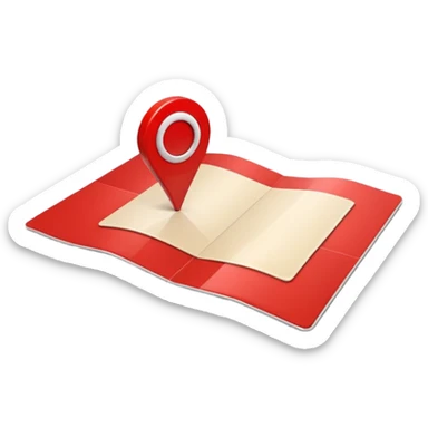 Emoji of a red location pin on a small folded map, iPhone emoji style. Flat design, smooth gradients, rounded edges, soft shadows, clean look, white background sticker