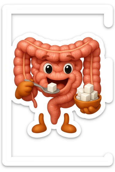 emoji stile iphone di un intestino anatomico che mangia zollette di zucchero, iperrealistico 4k, isolato su sfondo bianco sticker